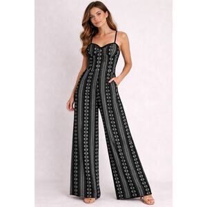 Band Of Gypsys Black Boho Jumpsuit Large Striped Wide Leg Sleeveless Romper L